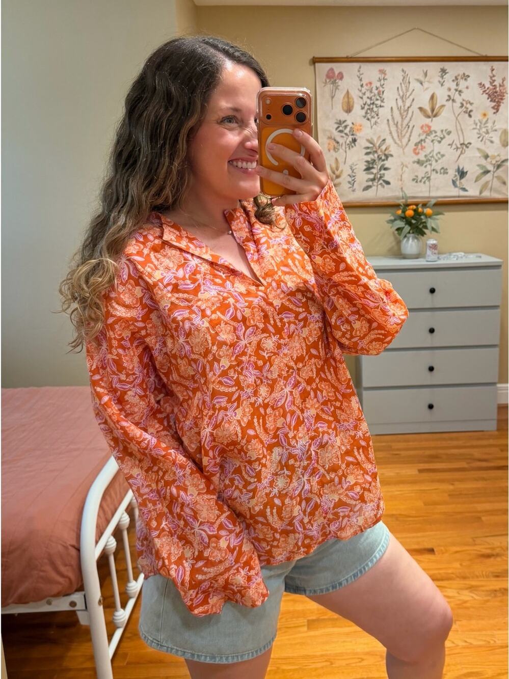 J. Crew Orange Floral V-Neck Long-Sleeve Blouse Ramie XXL
